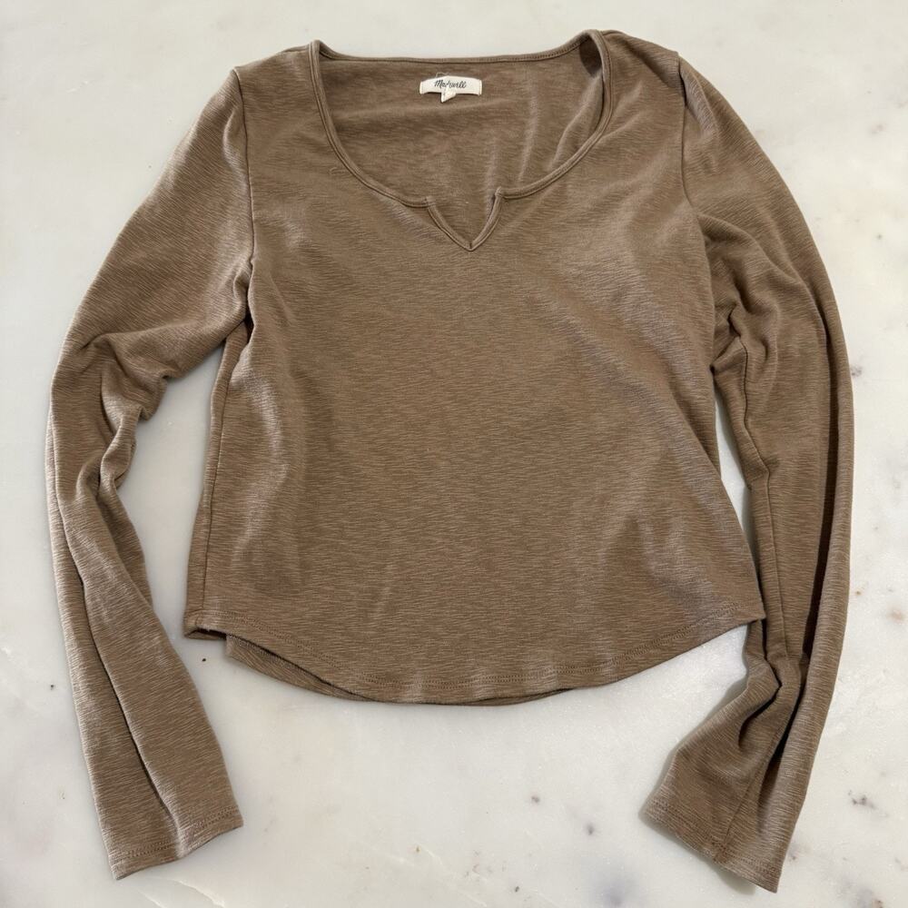 Madewell Womens L Brown Tan Split Neck Long Sleeve Tee T Shirt Stretch Academia